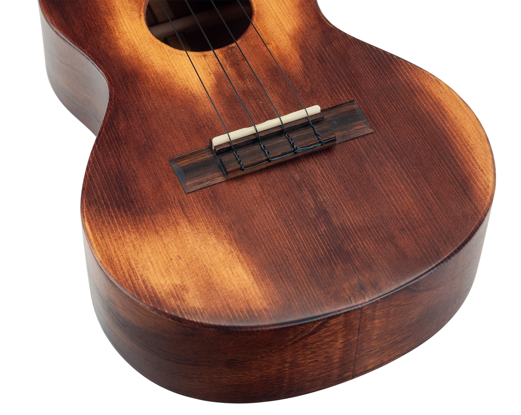 Mahalo Historic Series Tenor Ukulele showing the bridge and body with natural wood finish and detailed craftsmanship.