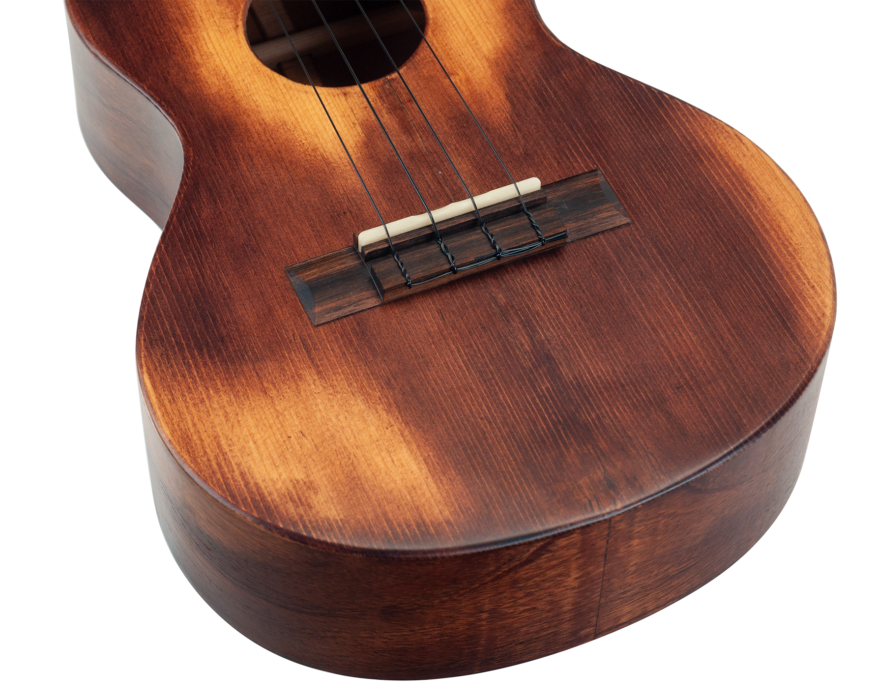 Mahalo Historic Series Tenor Ukulele showing the bridge and body with natural wood finish and detailed craftsmanship.