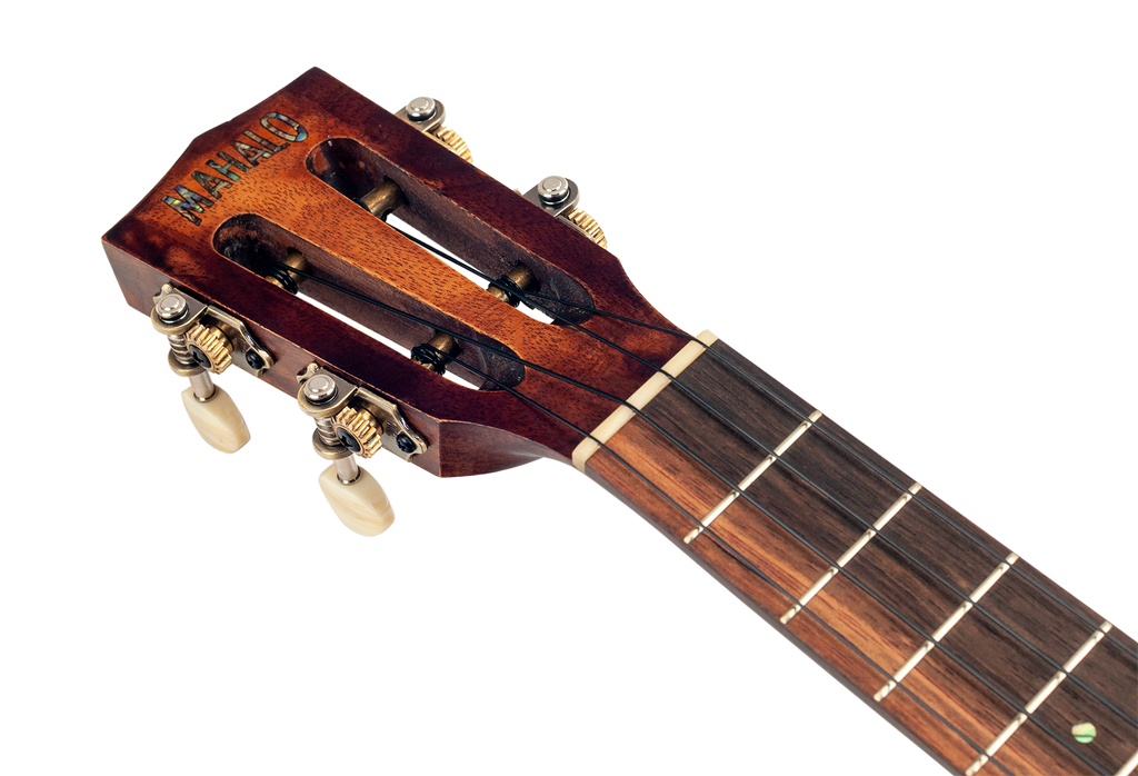 Mahalo Historic Series Tenor Ukulele headstock showing tuning pegs and brand logo on a wooden ukulele neck.