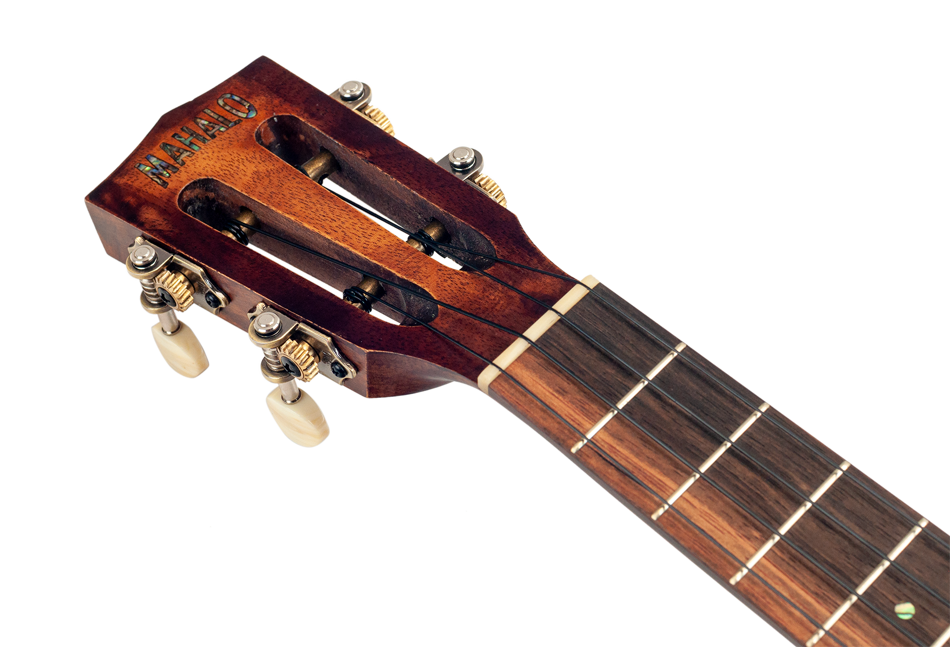 Mahalo Historic Series Tenor Ukulele headstock showing tuning pegs and brand logo on a wooden ukulele neck.