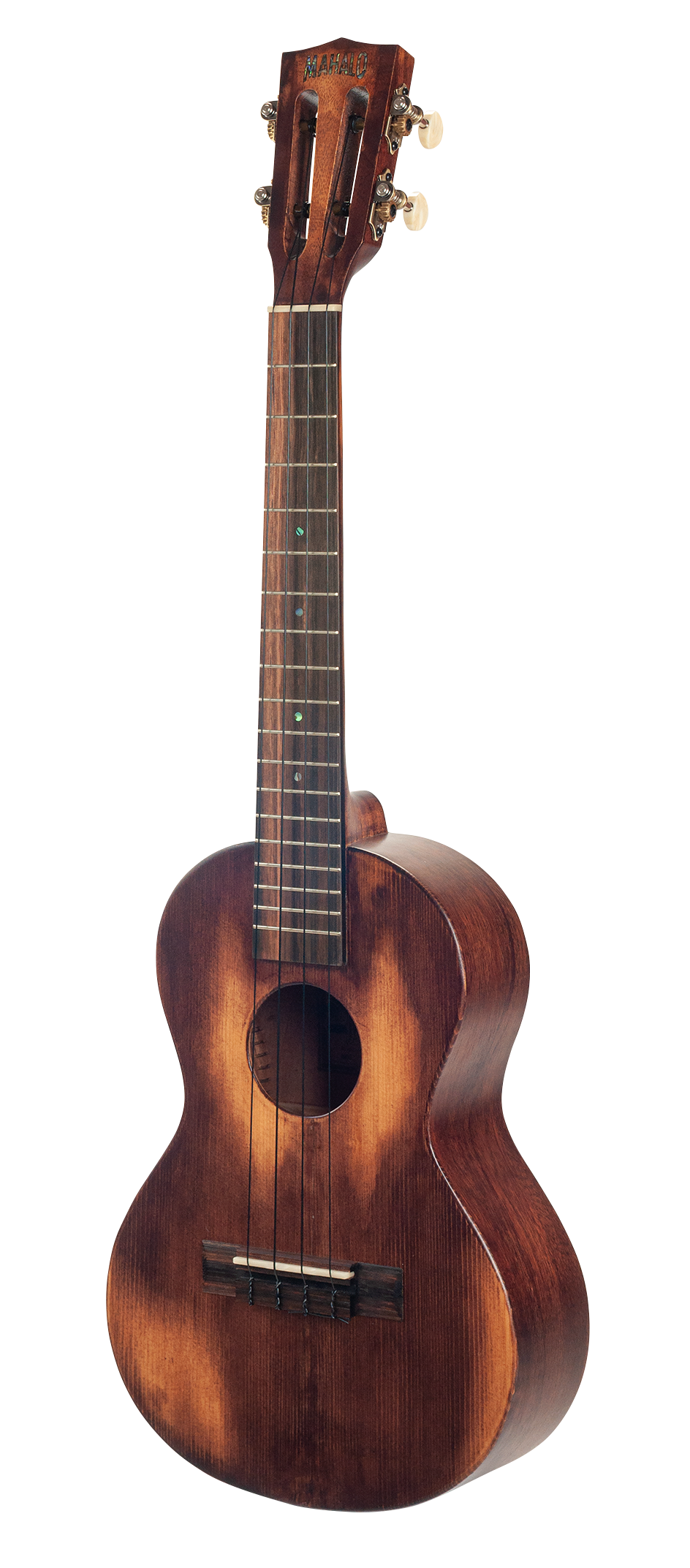 Mahalo Historic Series Tenor Ukulele with natural wood finish, shown from the left side, highlighting its traditional design.