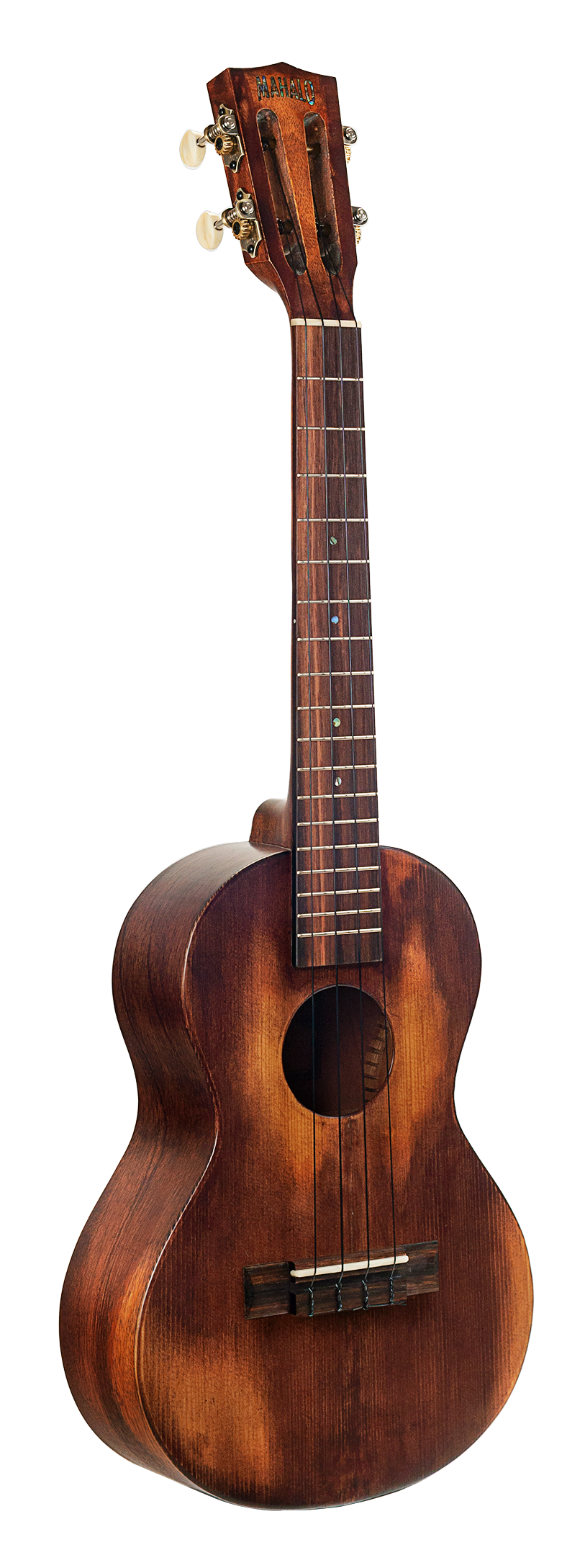 Mahalo Historic Series Tenor Ukulele shown from the right, highlighting its wooden body and vintage style design.