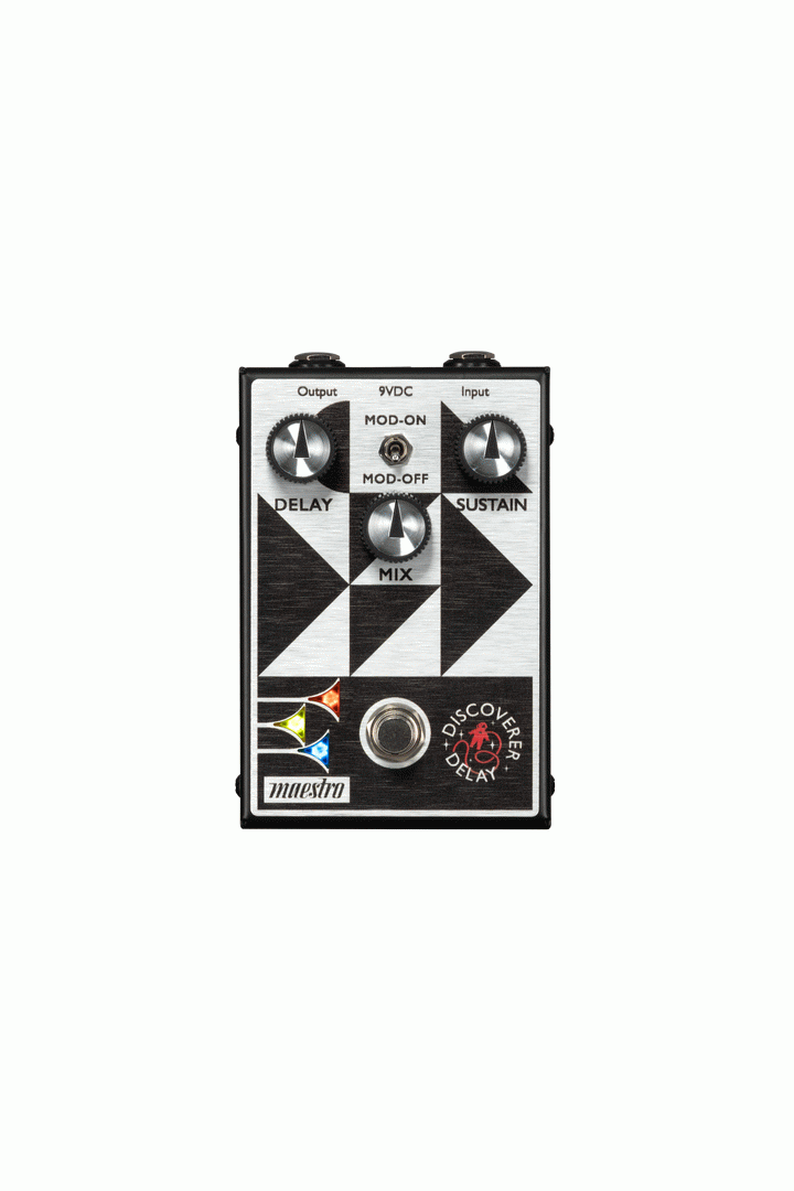 Maestro Discoverer Delay guitar effects pedal with control knobs and input/output jacks, compact effects pedal for electric guitars.