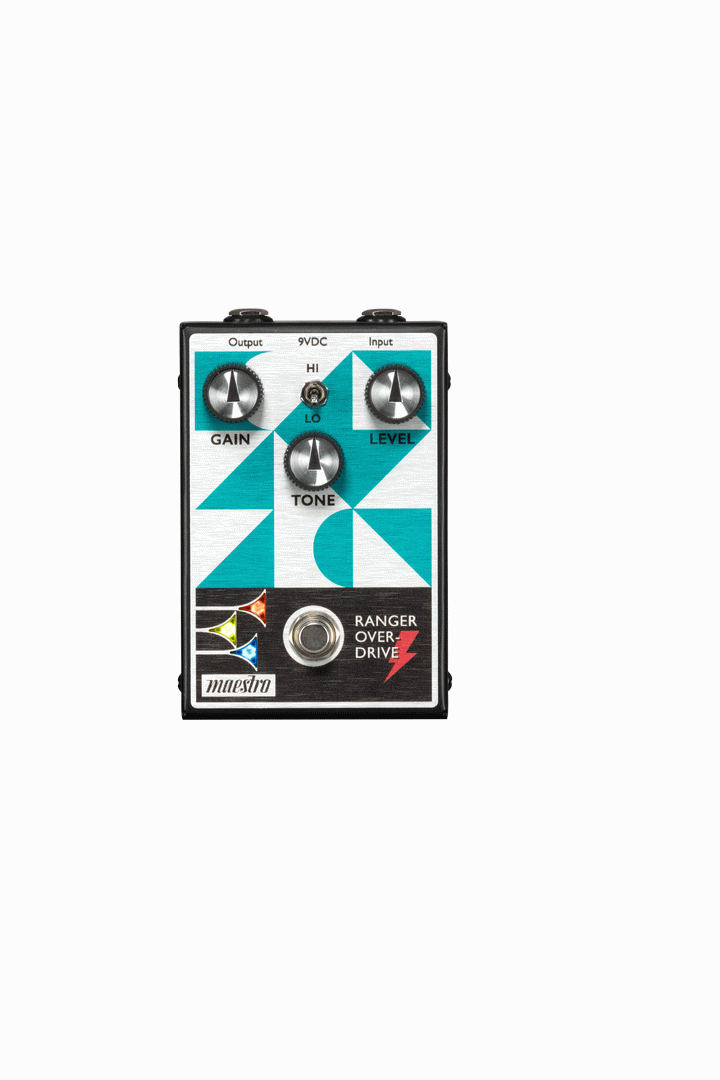 Maestro Ranger Overdrive guitar effects pedal with control knobs and input/output jacks, designed for electric guitar effects.