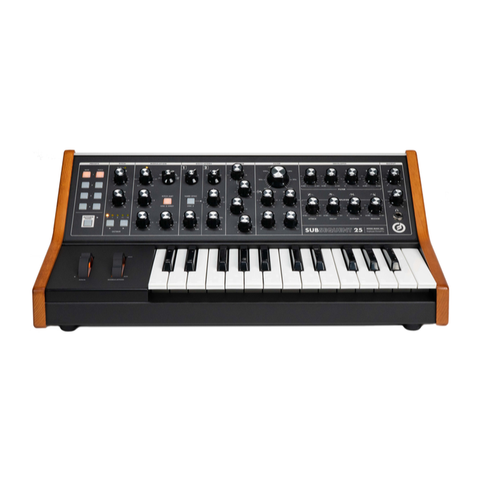 Moog Subsequent 25 synthesizer keyboard with control knobs and keys, compact electronic musical instrument by Moog.