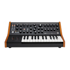 Moog Subsequent 25 synthesizer keyboard with control knobs and keys, compact electronic musical instrument by Moog.
