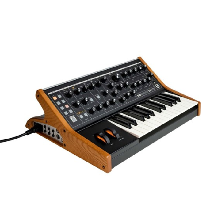 Moog Subsequent 25 synthesizer keyboard with black and silver design, featuring control knobs and keys for music production.