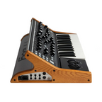 Moog Subsequent 25 synthesizer keyboard with black and silver design, featuring various control knobs and a compact form.