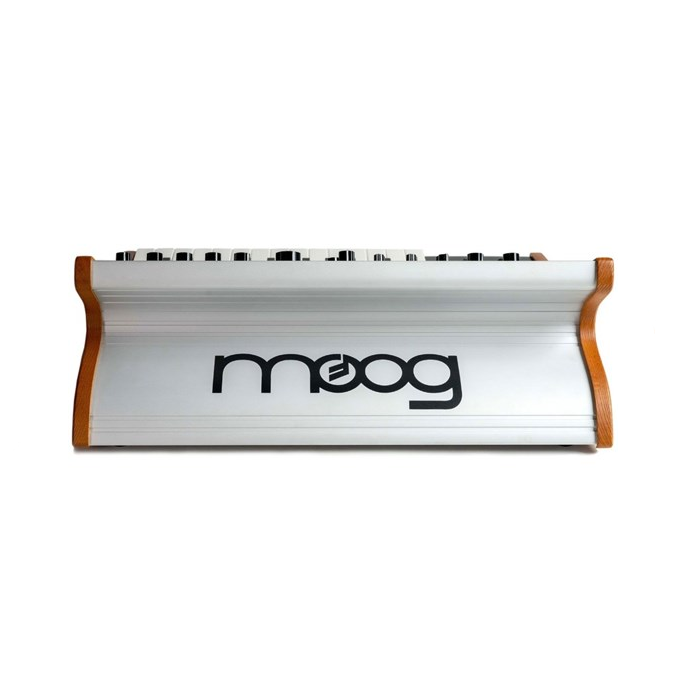Moog Subsequent 25 synthesizer keyboard with black and silver design, featuring knobs and keys on a sleek electronic music instrument.