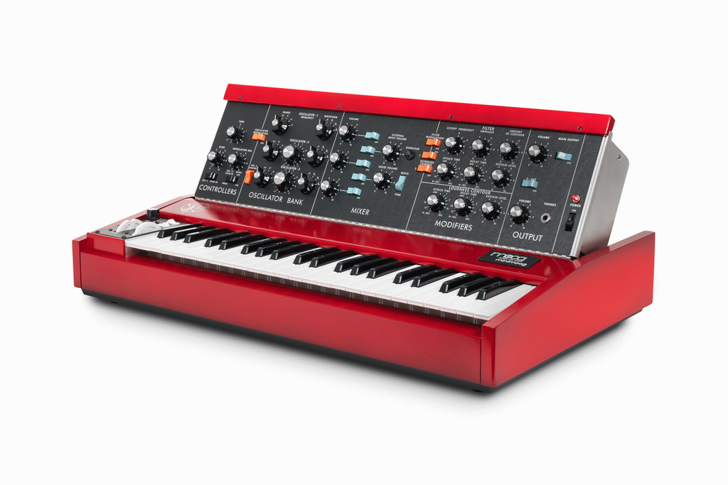Moog Geddy Lee Minimoog Model D analog synthesizer keyboard with classic design and control knobs.