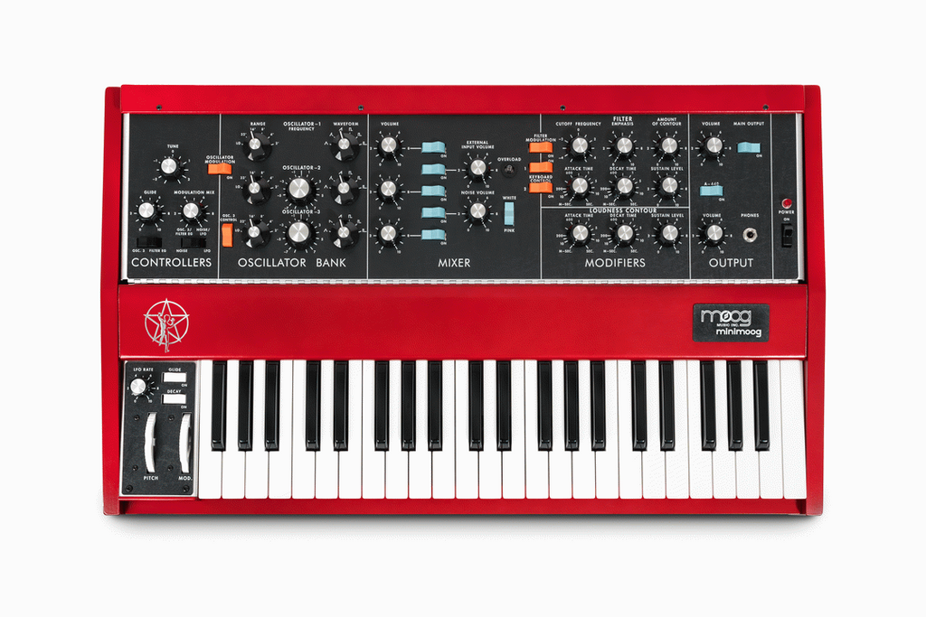 Moog Geddy Lee Minimoog Model D all-analog synthesizer keyboard with classic knobs and sleek design.