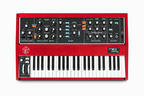 Moog Geddy Lee Minimoog Model D all-analog synthesizer keyboard with classic knobs and sleek design.