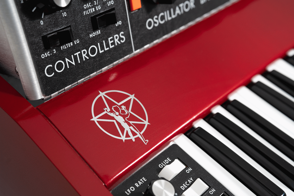 Moog Geddy Lee Minimoog Model D synthesizer keyboard with classic analog controls and sleek design.