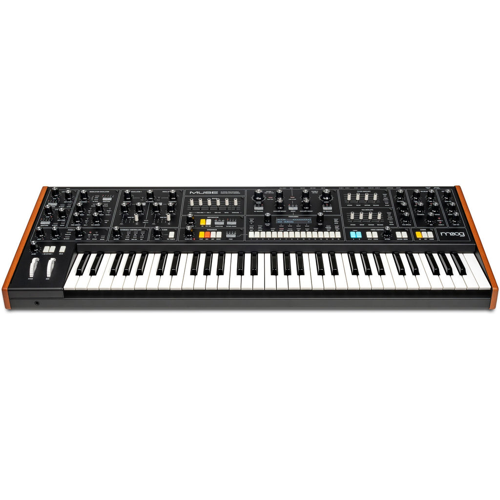 Moog Muse 8-voice polyphonic analog synthesizer stage keyboard with knobs and keys for live performance.