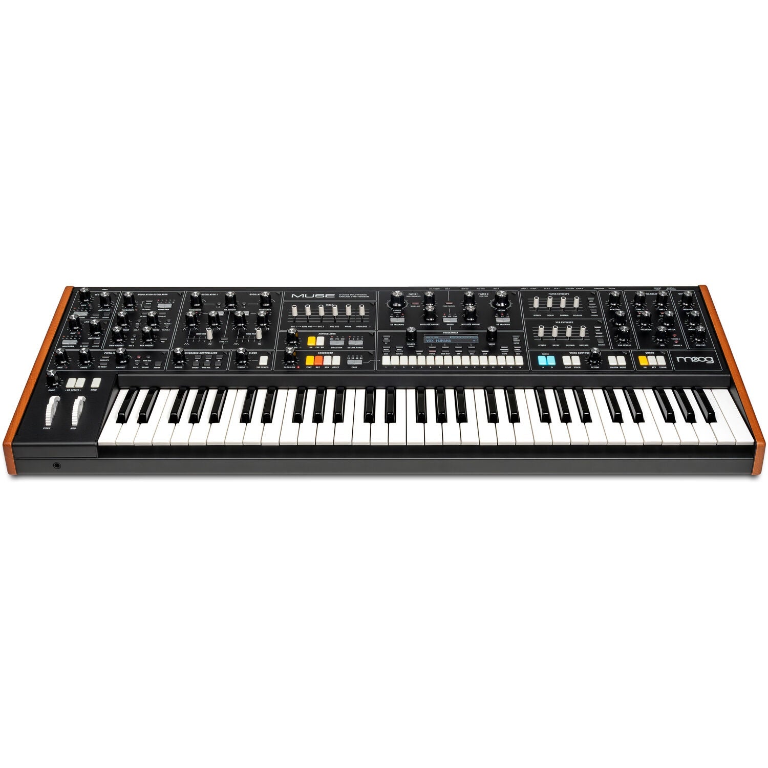 Moog Muse 8-voice polyphonic analog synthesizer stage keyboard with knobs and keys for live performance.