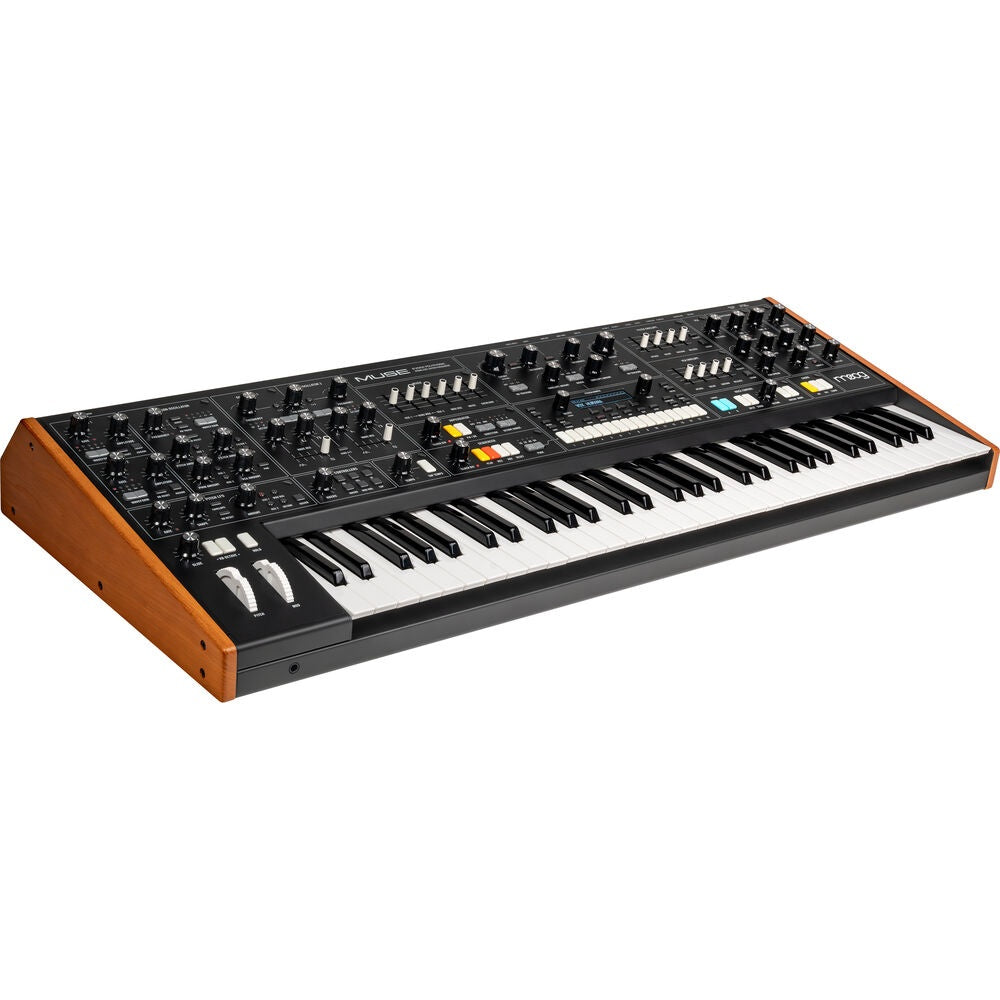 Moog Muse 8-voice polyphonic analog synthesizer stage keyboard with knobs and keys for live performance.