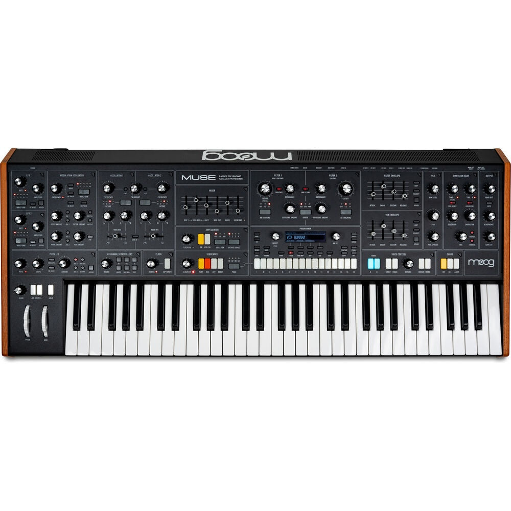 Moog Muse 8-Voice Polyphonic Analog Synthesizer stage keyboard with knobs and keys for music performance