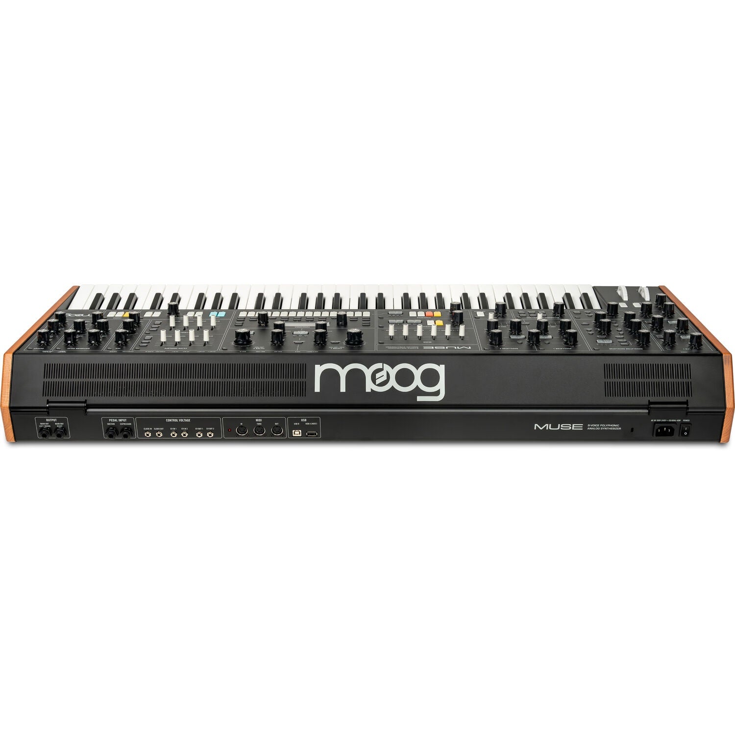 Moog Muse 8-Voice Polyphonic Analog Synthesizer stage keyboard with knobs and keys, designed for professional performance.