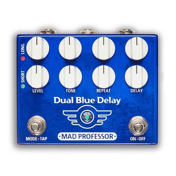 Mad Professor Dual Delay effects pedal shown on a pedalboard, featuring dual delay controls and true bypass switching.