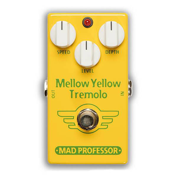 Mad Professor Mellow Yellow tremolo guitar effects pedal with control knobs and input/output jacks, black and yellow design, mounted on a pedalboard.