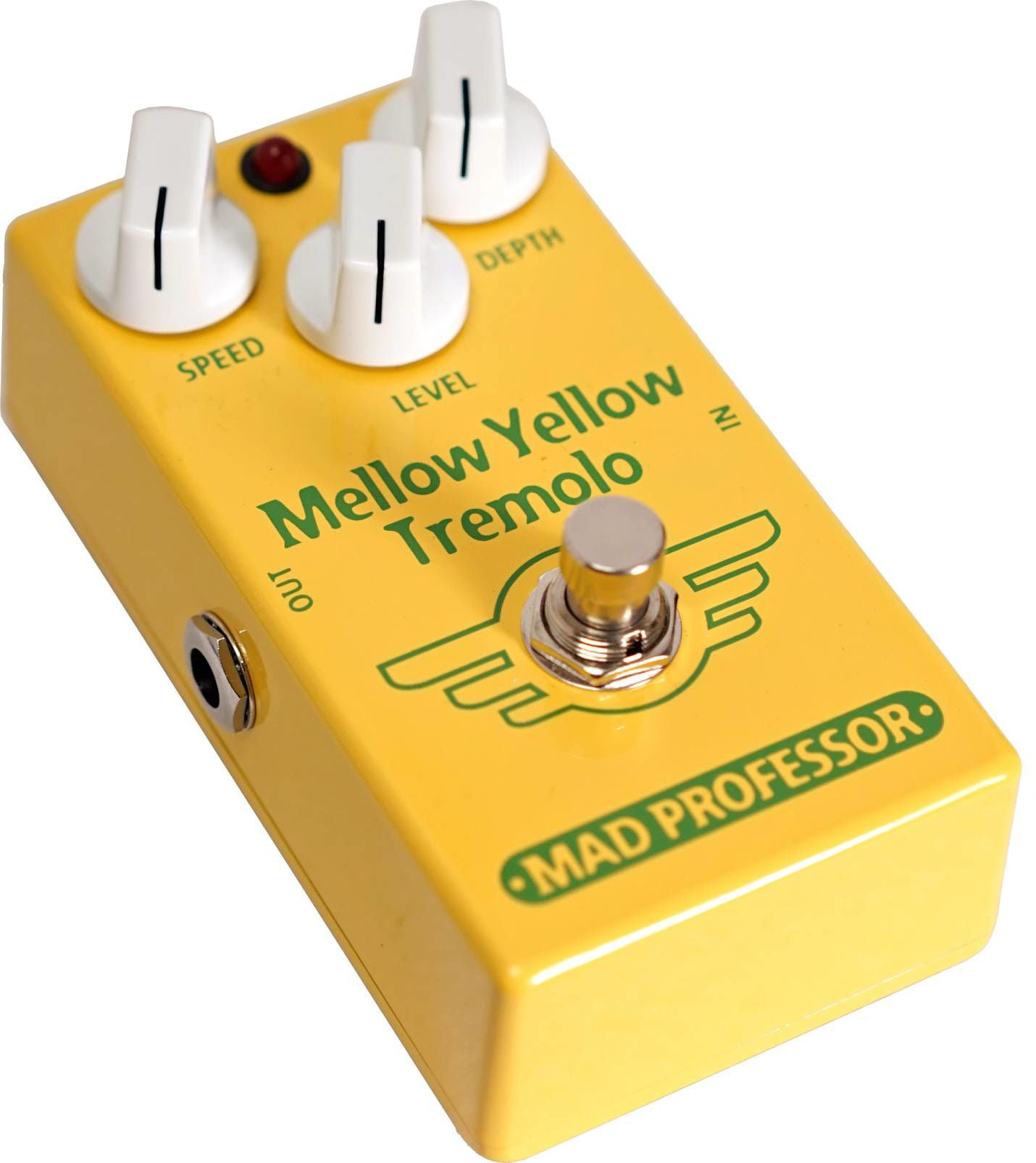 Mad Professor Mellow Yellow tremolo guitar effects pedal with control knobs and footswitch, designed for electric guitar use.