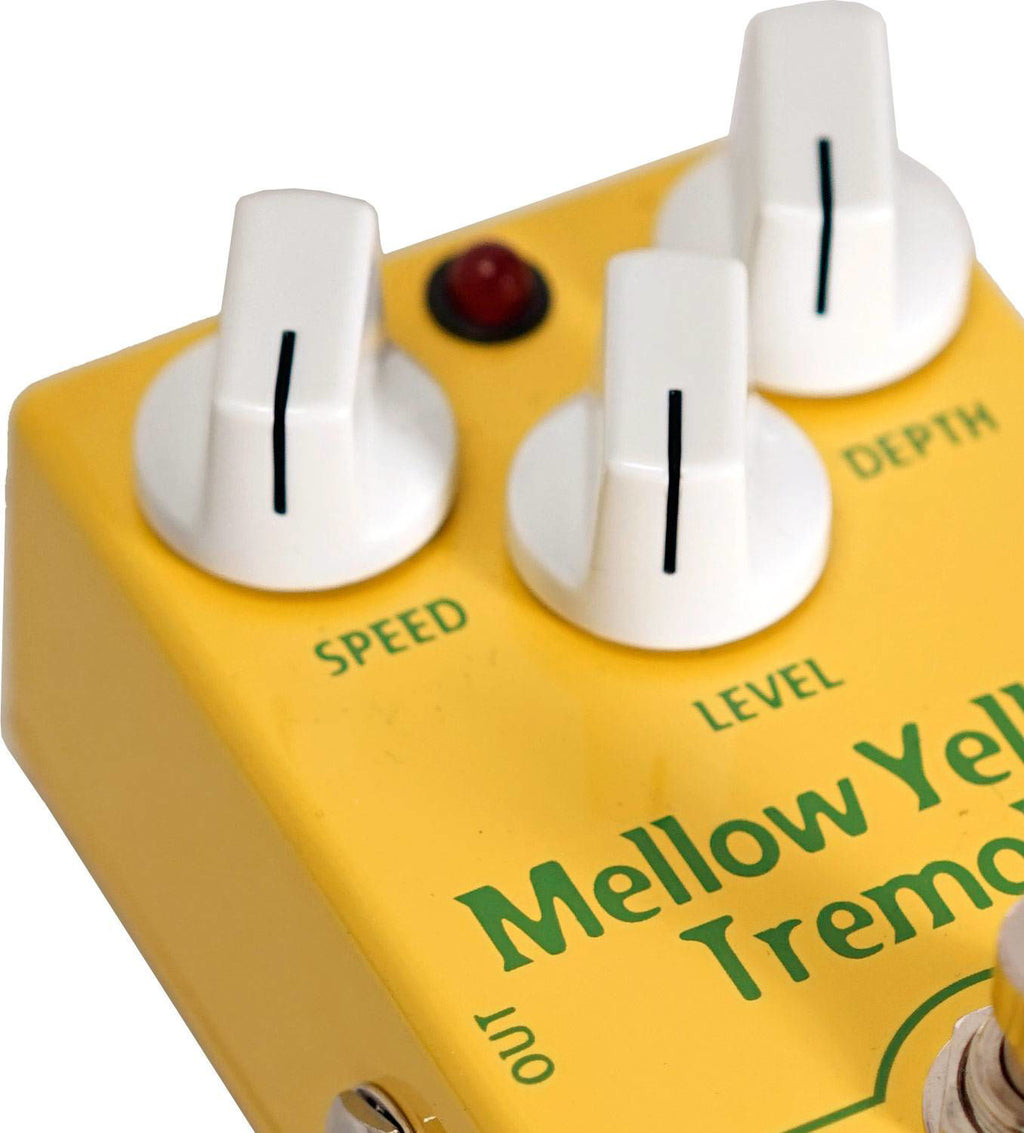 Mad Professor Mellow Yellow tremolo guitar effects pedal with control knobs and footswitch, black finish, and brand logo visible.