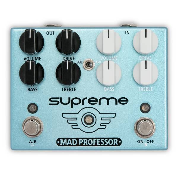 Mad Professor Supreme Effects Pedal shown with multiple control knobs and footswitch, designed for guitar effects and sound modulation.