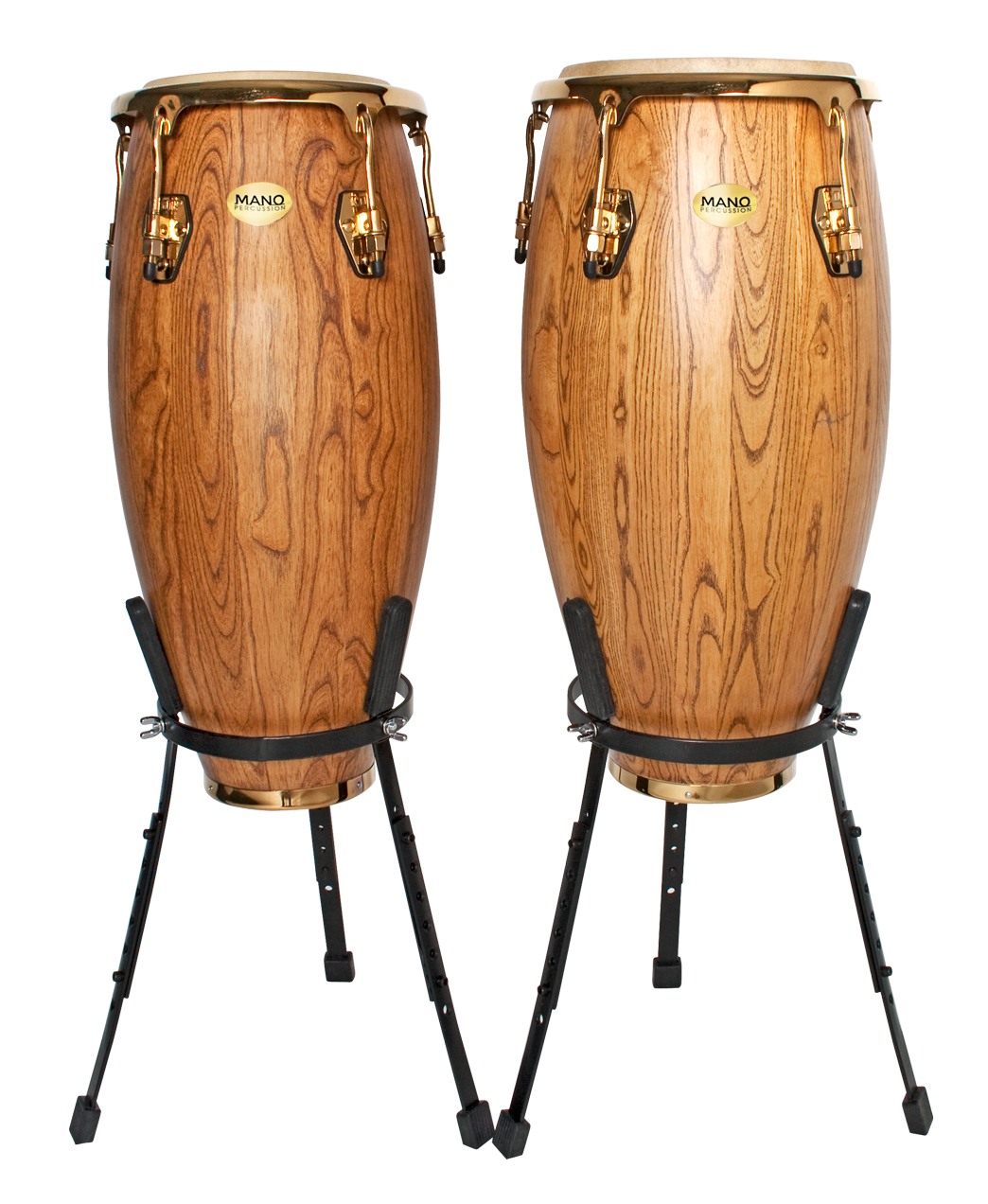Mano Percussion Mano 10 & 11 Conga Set with bongos and accessories, showing wooden drums and drumsticks on a stand.
