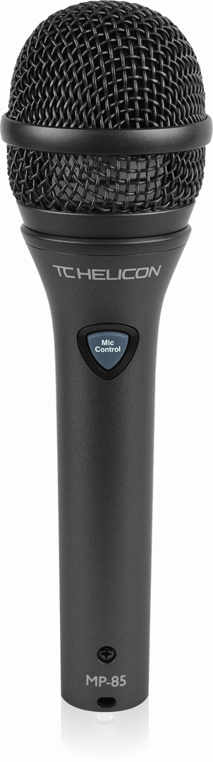 TC Helicon MP-85 wired live vocal microphone with control, featuring a dynamic microphone design for professional performance.