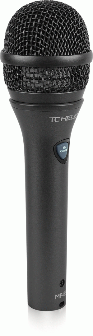 Wired TC Helicon MP-85 vocal microphone with control, featuring a sleek design and integrated microphone capsule for live singing.