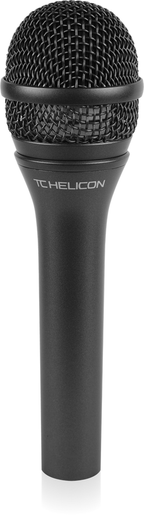 Wired TC Helicon MP-85 vocal microphone with control, featuring a sleek black design and built-in audio adjustment features.