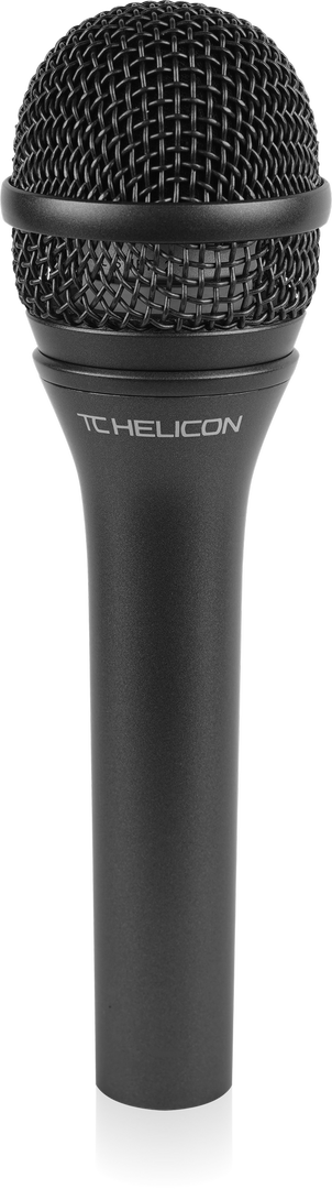Wired TC Helicon MP-85 vocal microphone with control, featuring a sleek black design and built-in audio adjustment features.