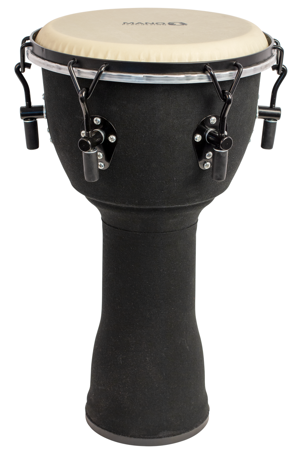 Mano Percussion MPC04 10 Wrench Tunable Djembe in black cloth with tuning tool and drum head visible.
