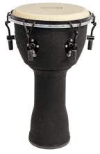 Mano Percussion MPC04 10 Wrench Tunable Djembe in black cloth with tuning tool and drum head visible.
