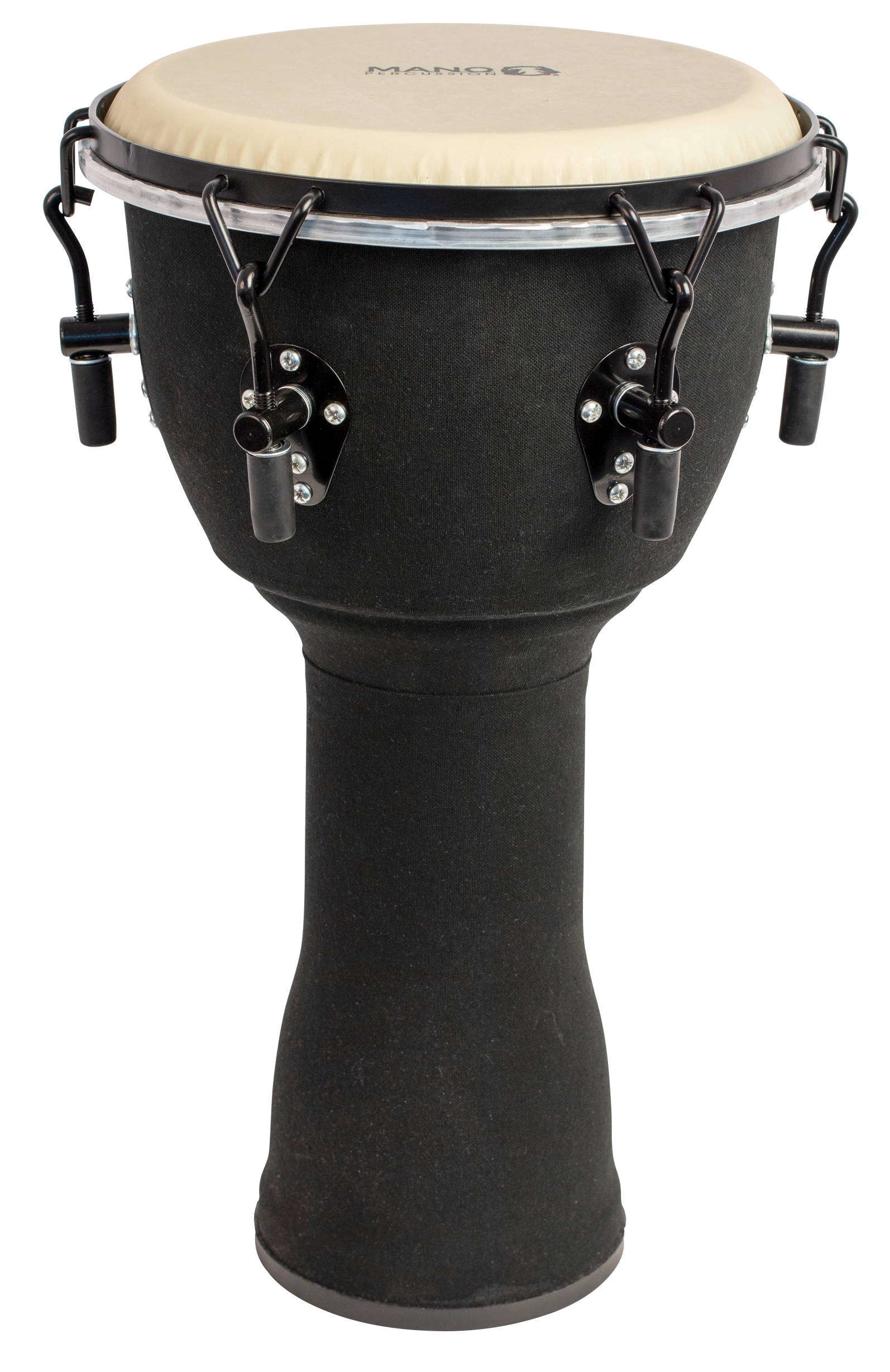 Mano Percussion MPC04 10 Wrench Tunable Djembe in black cloth with tuning tool and drum head visible.