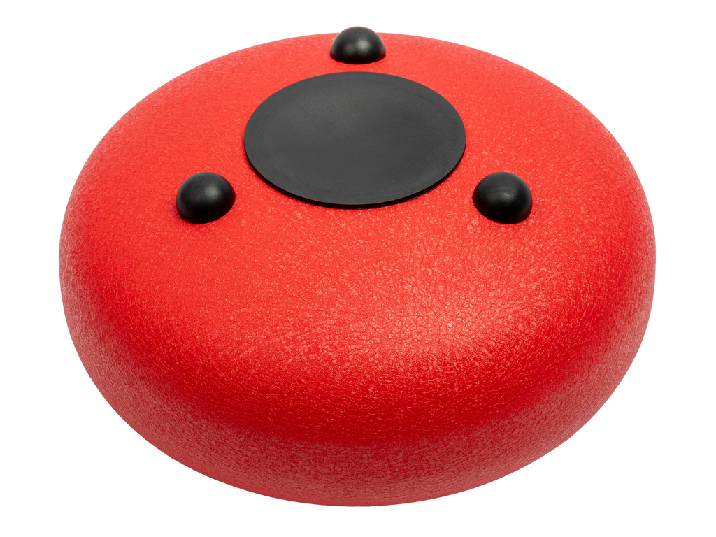 Red Mano Percussion MPC40RD 10 Tongue Drum back view showing its round shape and metal tongues for hand percussion.