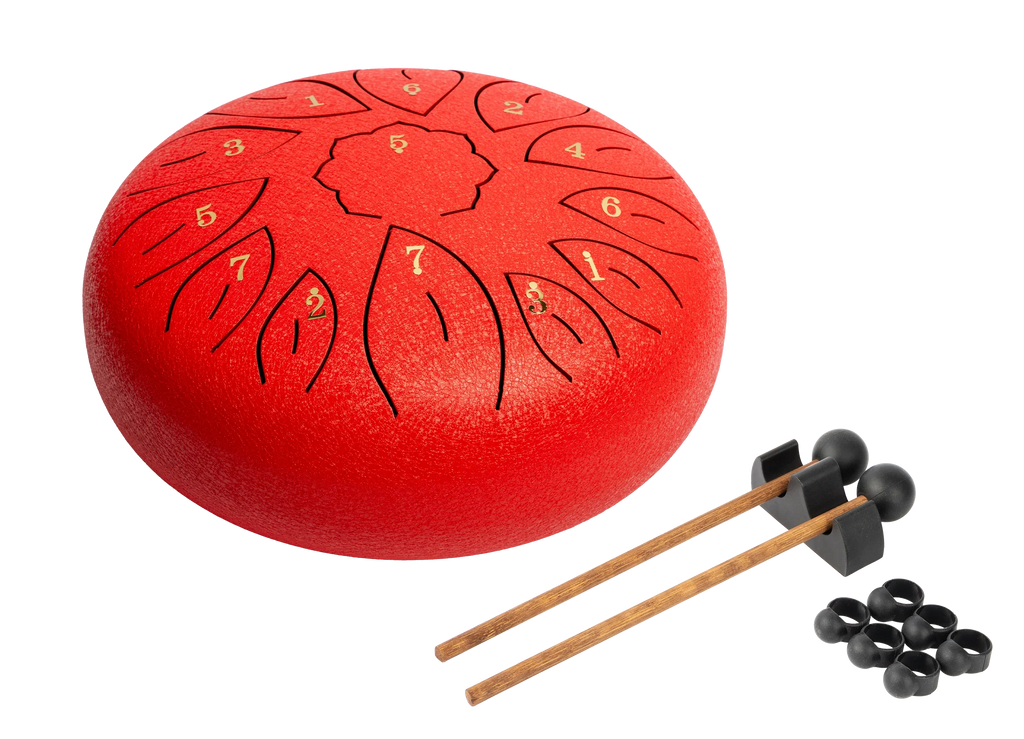Red Mano Percussion MPC40RD 10-Tongue Drum for hand percussion, shown with vibrant red finish and 10 tongue design.