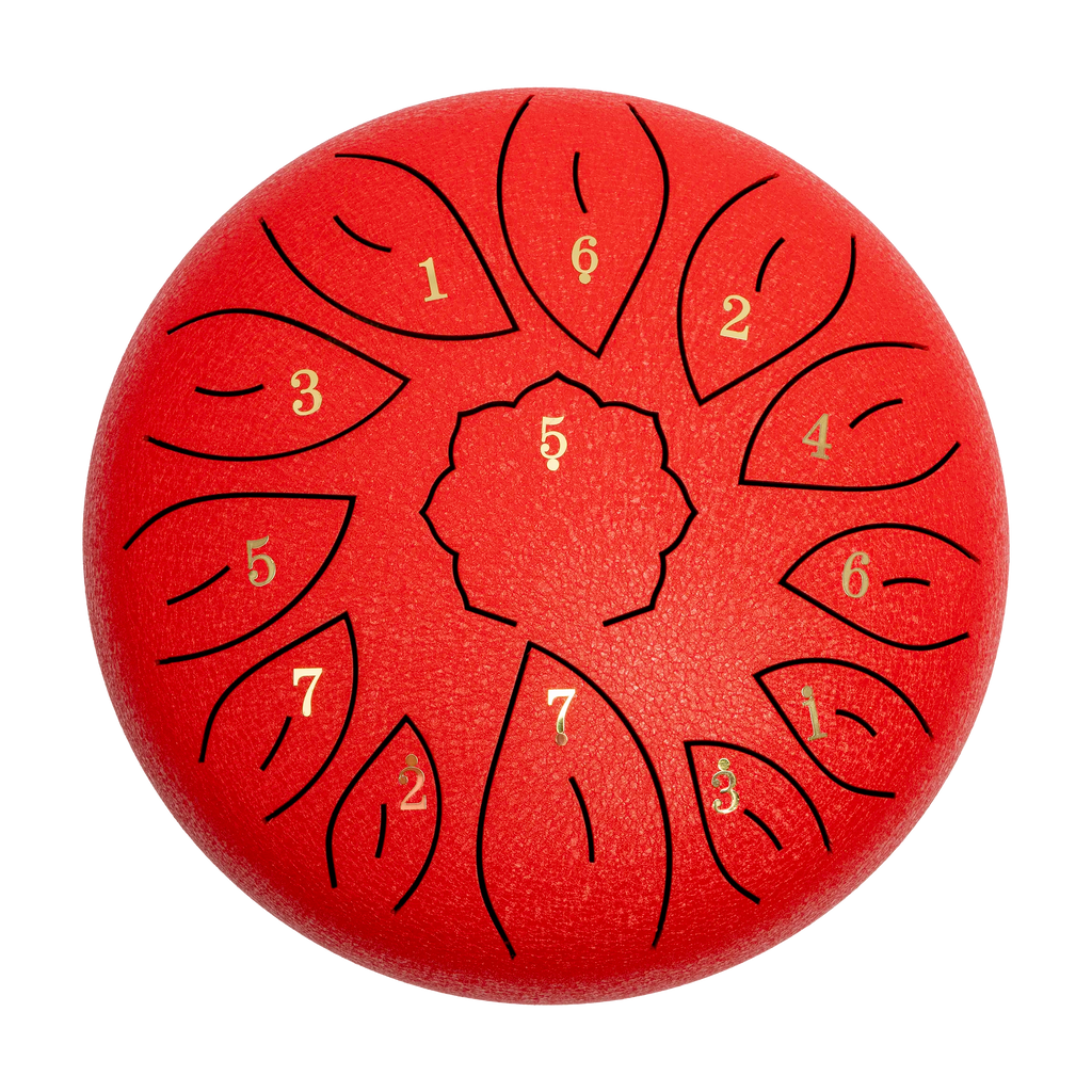 Red Mano Percussion MPC40RD 10-tongue hand percussion instrument with a circular top view showing the tone tongues and vibrant color.