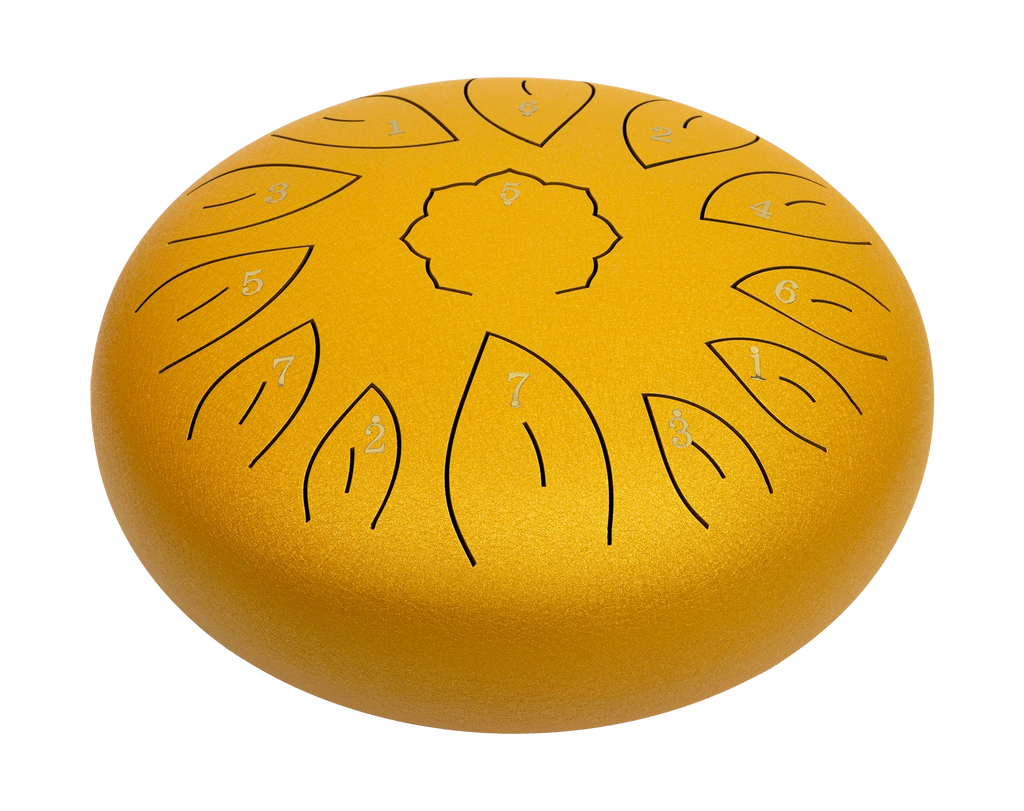 Mano Percussion MPC42GD 12 Tongue Drum in gold, hand percussion instrument with a smooth, shiny gold finish and multiple tuned tongues.