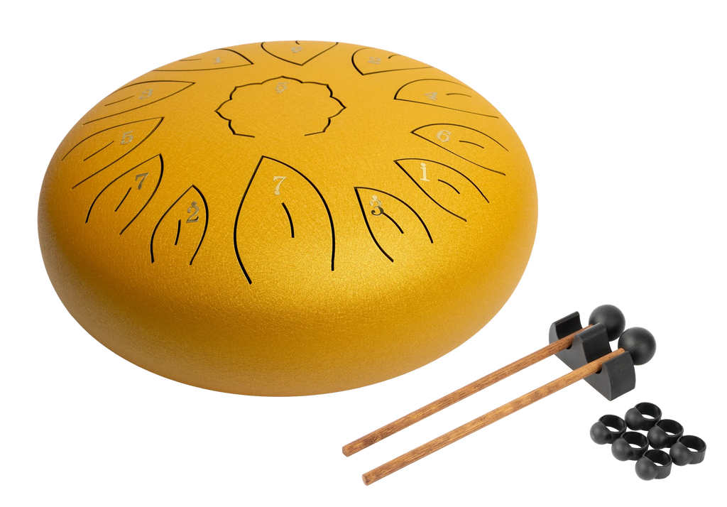 Mano Percussion MPC42GD 12 Tongue Drum in gold, hand percussion instrument with 12 tongues, showcasing its shiny metallic surface.