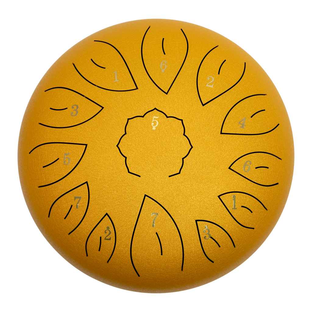 Mano Percussion MPC42GD 12 Tongue Drum in gold, top view showcasing its hand percussion design and metallic surface.