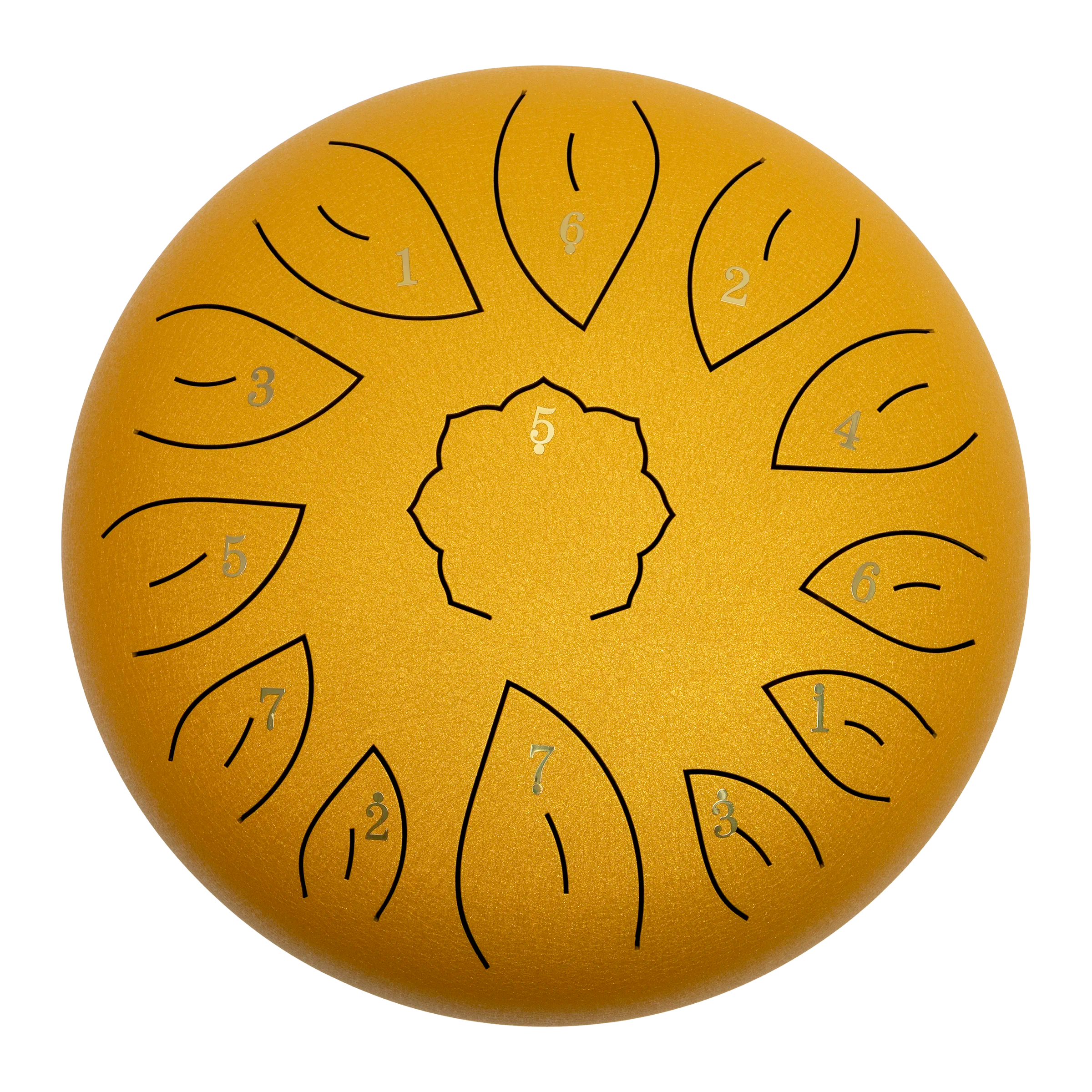 Mano Percussion MPC42GD 12 Tongue Drum in gold, top view showcasing its hand percussion design and metallic surface.
