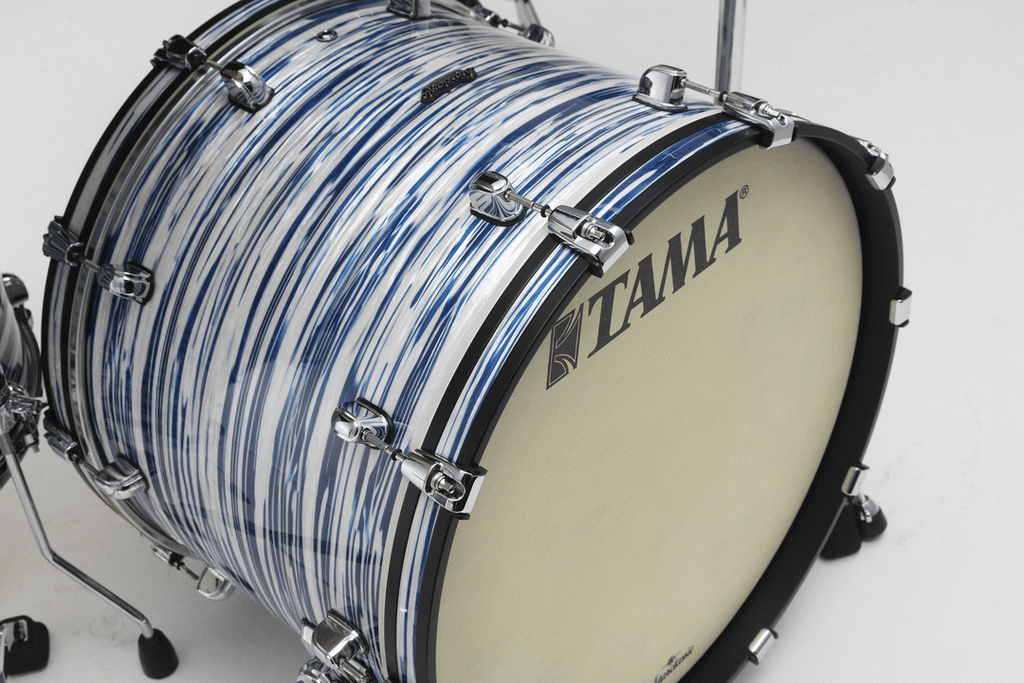 Tama Starclassic Maple 22-inch 3-piece drum kit shell pack in blue and white oyster finish, including bass, rack, and floor tom drums