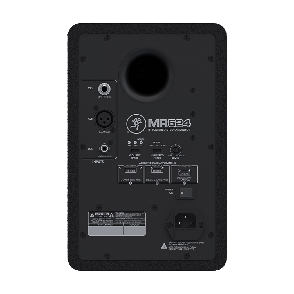 Mackie MR524 5-inch powered studio monitor showing front view with speaker grille and control panel, designed for professional audio.