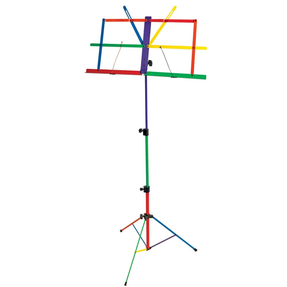Xtreme MS109H Harlequin rainbow music stand with adjustable height and vibrant colorful design for musicians.