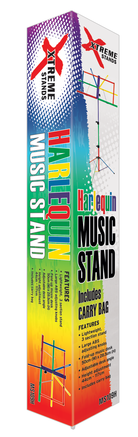 Xtreme MS109H Harlequin Rainbow Music Stand with adjustable height and colorful design for sheet music display.