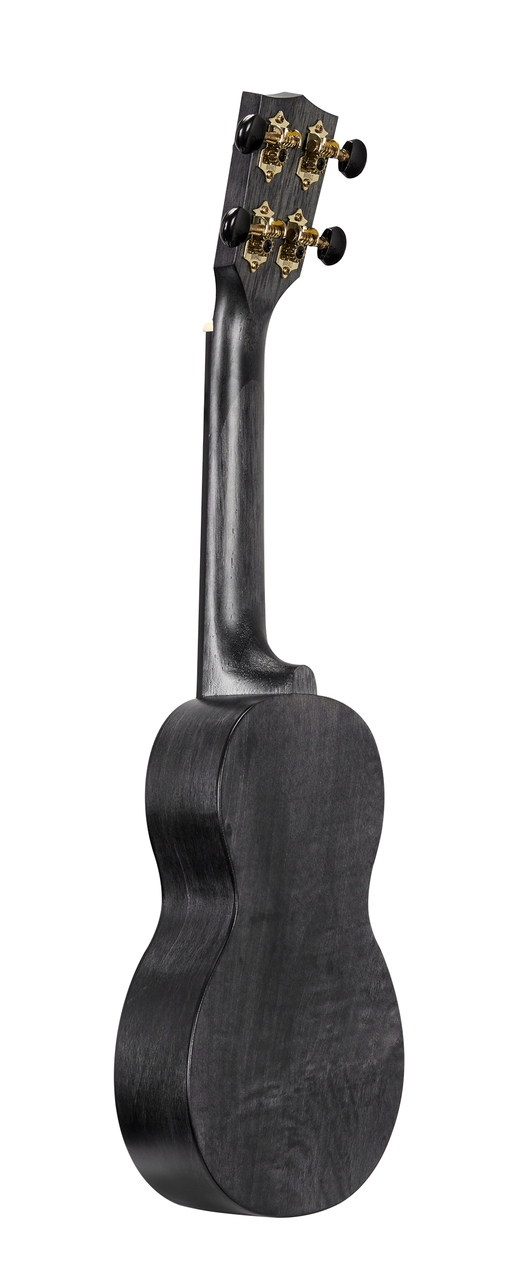 Mahalo MS1TBK Slimline black ukulele shown from the back, highlighting its transparent black finish and slimline body design.