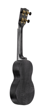 Mahalo MS1TBK Slimline black ukulele shown from the back, highlighting its transparent black finish and slimline body design.