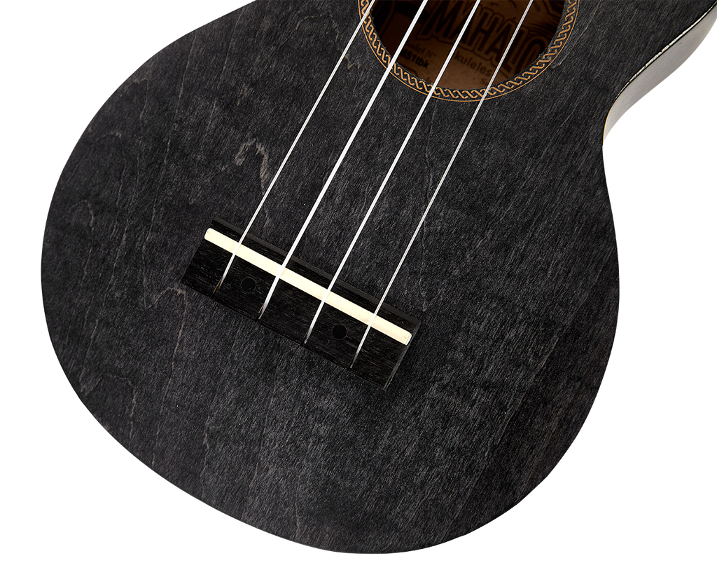 Mahalo MS1TBK Slimline Ukulele in transparent black, close-up of bridge and body detail, showcasing sleek design and finish.