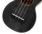 Mahalo MS1TBK Slimline Ukulele in transparent black, close-up of bridge and body detail, showcasing sleek design and finish.